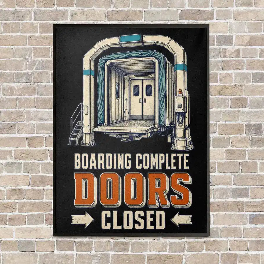 Boarding Complete Doors Closed vertical canvas print - framed - black background