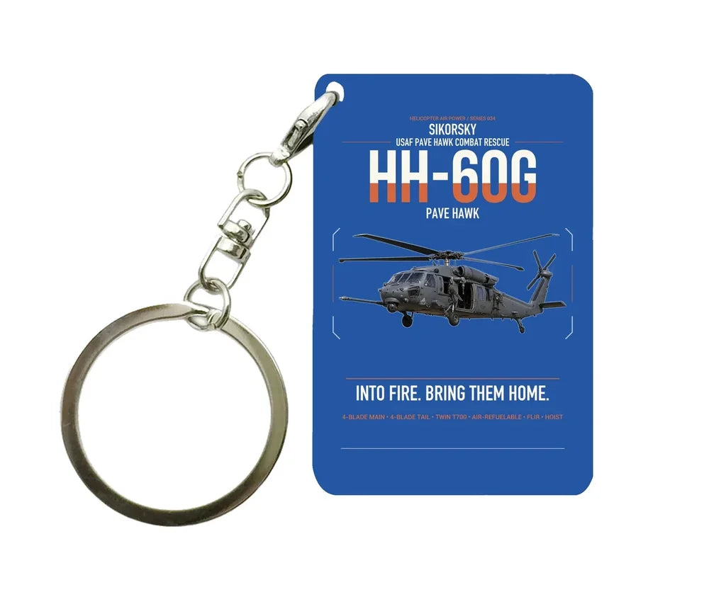 Sikorsky HH-60G Pave Hawk design on blue designed key chain, double-side print