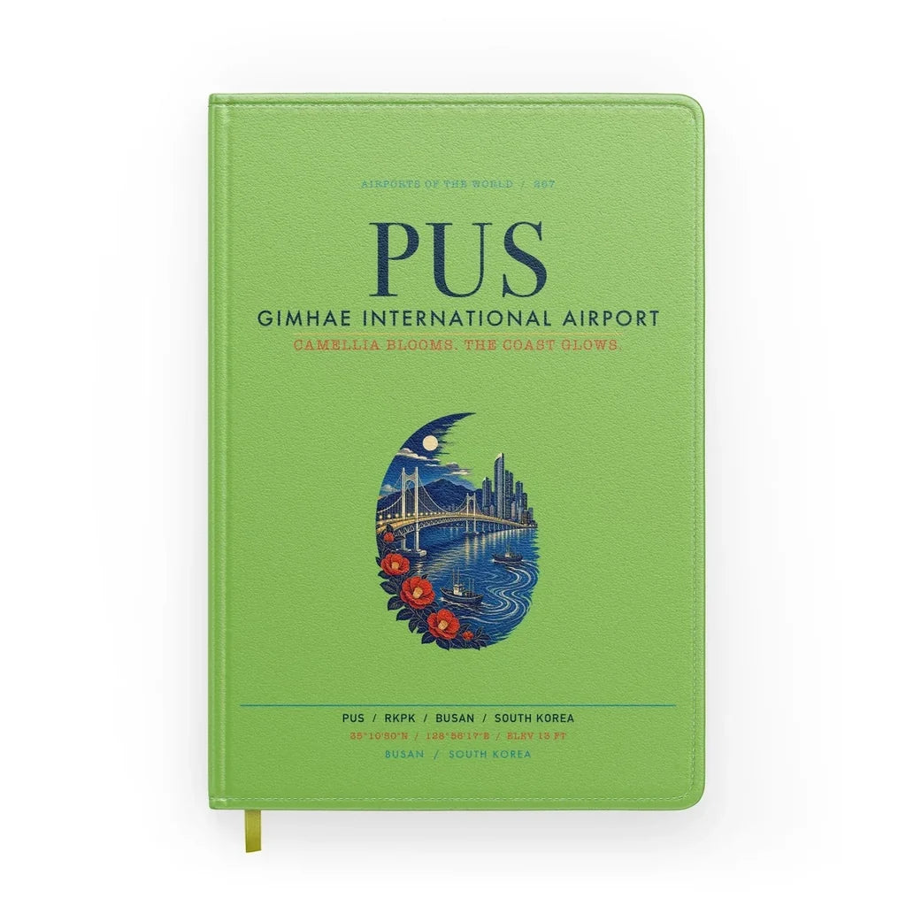 Gimhae International Airport Busan (PUS) design on light green notebook