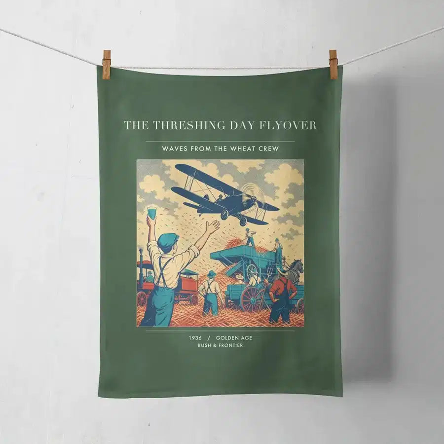 VINTAGE G4389 - The Threshing Day Flyover - Designed Towels design on darkgreen