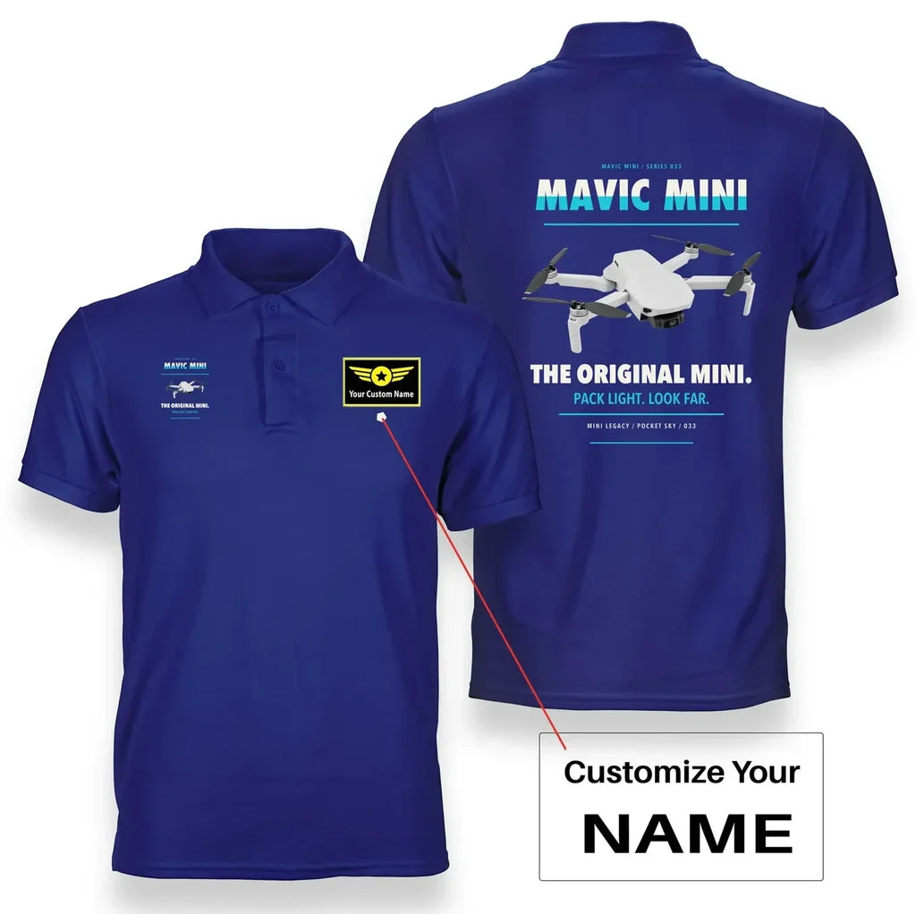 DJI Mavic Mini design on blue polo with custom name badge