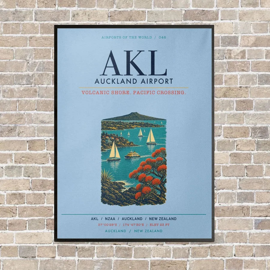 Auckland Airport AKL vertical canvas print - framed - light blue background