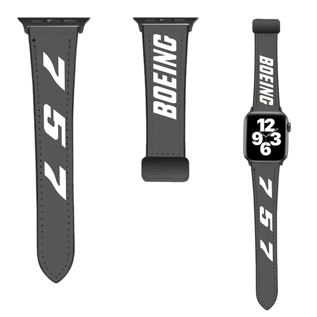 Boeing 757 Flat Text leather apple watch band - grey