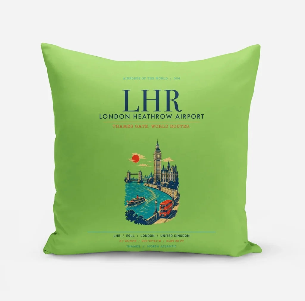 London Heathrow Airport (LHR) design on light green pillow