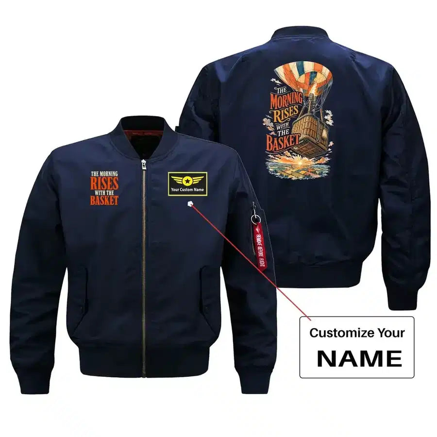 SIGNAL 676 - The Morning Rises With The Basket - Bomber Jacket design on blue bomber jacket with custom name badge