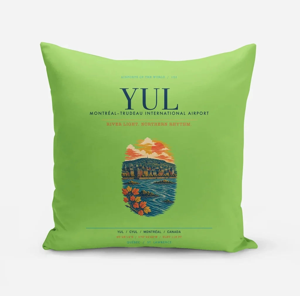 Montréal–Trudeau International Airport (YUL) design on light green pillow