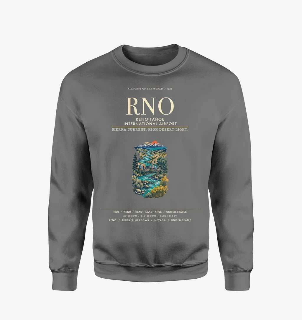 Reno-Tahoe International Airport (RNO) design on gray sweatshirt
