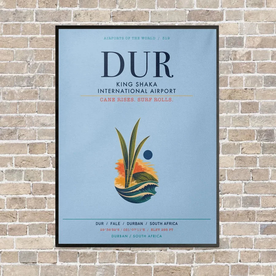 King Shaka International Airport DUR vertical canvas print - framed - light blue background