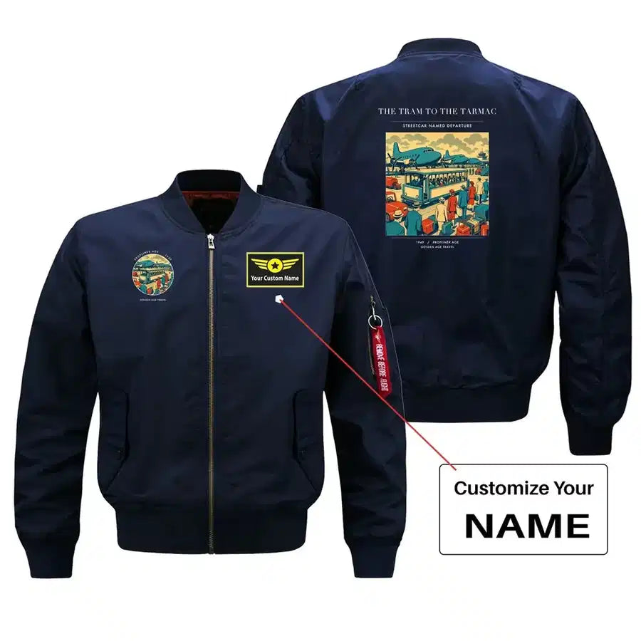 VINTAGE G4372 - The Tram To The Tarmac - Bomber Jacket design on blue+name