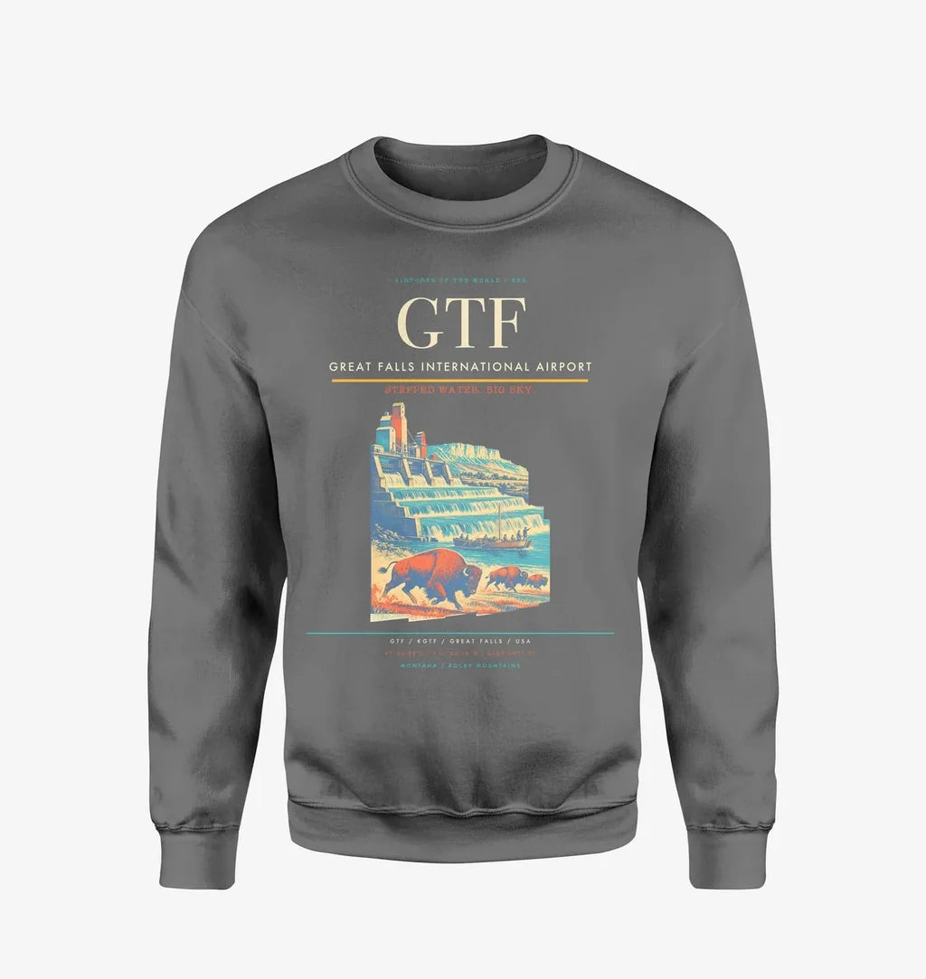 Great Falls International Airport (GTF) design on gray sweatshirt