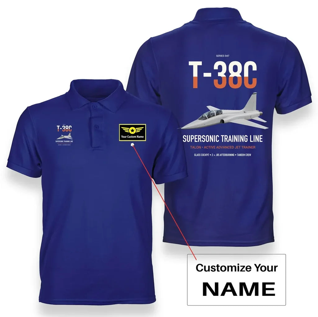 T-38C Talon design on blue+name double-side polo t-shirt, double-side print