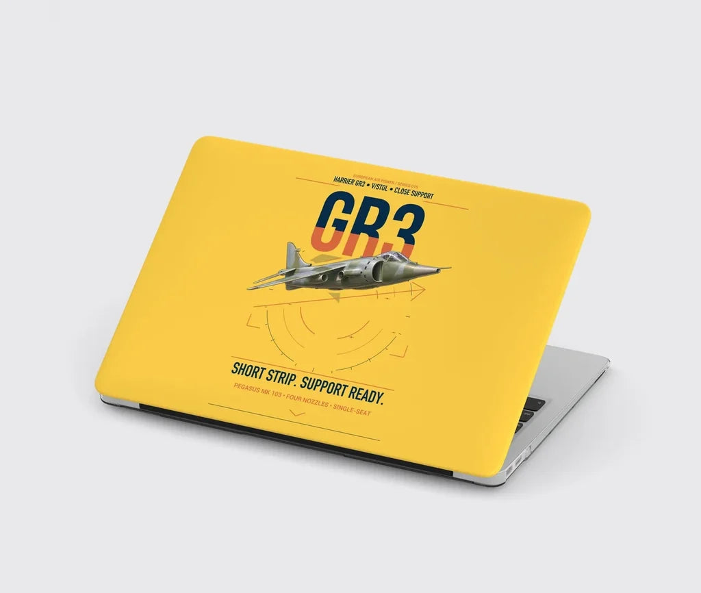 Hawker Siddeley Harrier GR3 design on yellow MacBook case