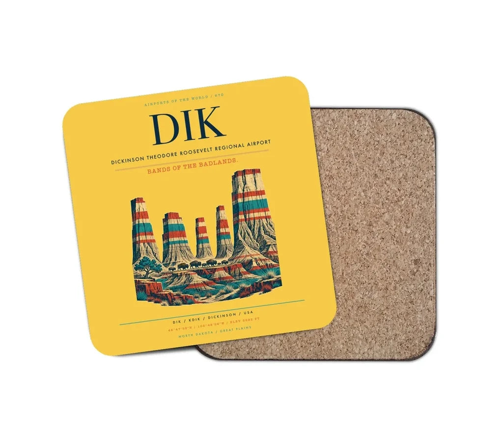Dickinson Theodore Roosevelt Regional Airport (DIK) design on yellow 1 piece coaster