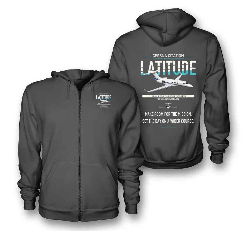Cessna Citation Latitude design on dark gray premium zipped hoodie, double-side print