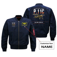 Thumbnail for PZL P.11c design on blue+name bomber jacket, double-side print