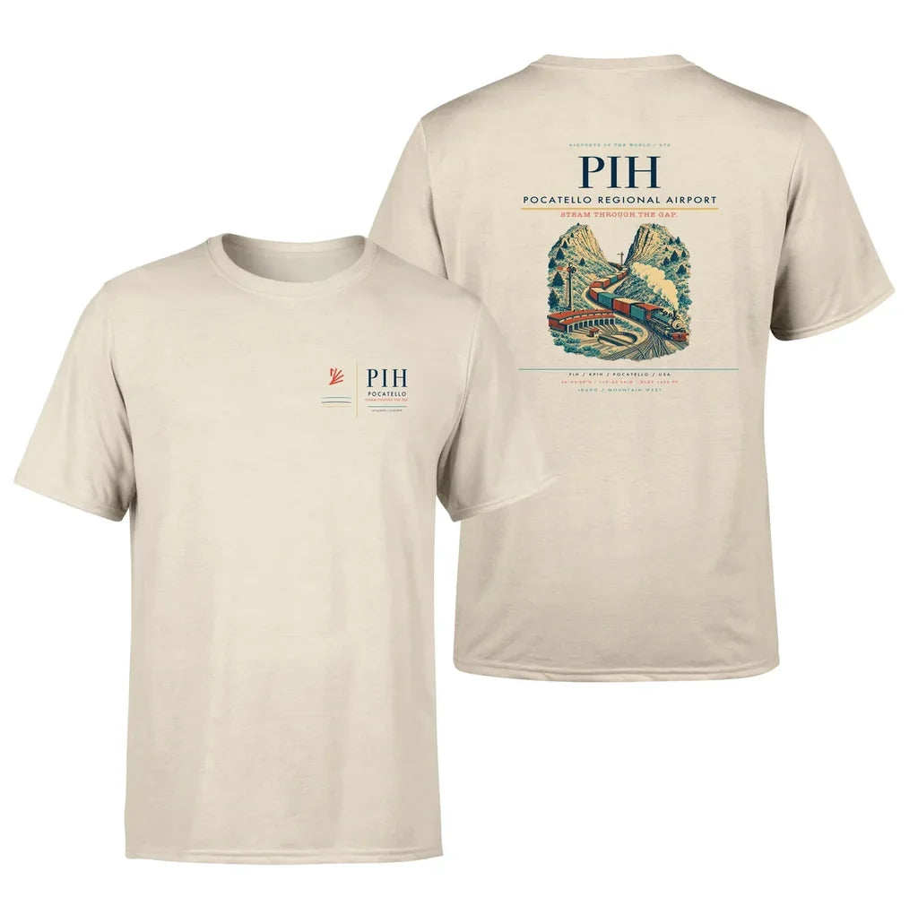 Pocatello Regional Airport (PIH) design printed on beige double-side t-shirt
