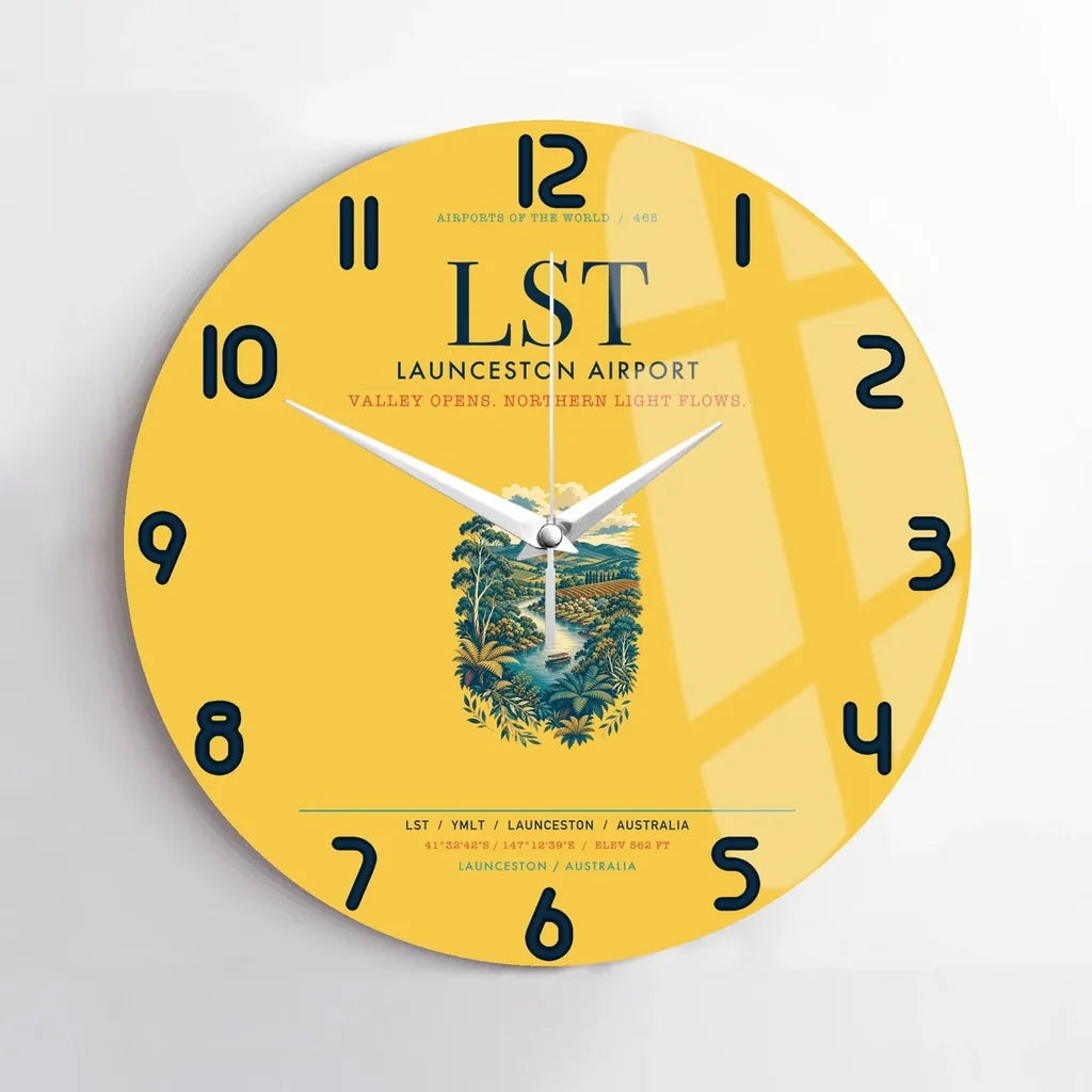 Launceston Airport (LST) design on yellow no frame wall clock
