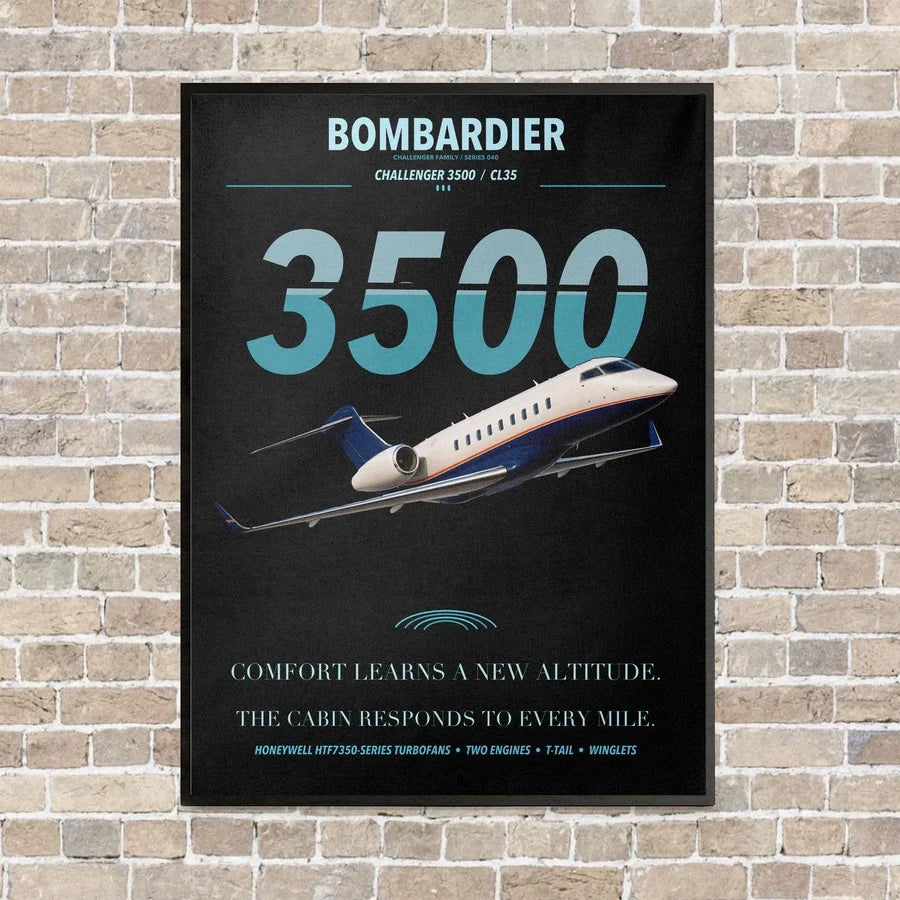 Bombardier Challenger 3500 vertical canvas print - framed - black background