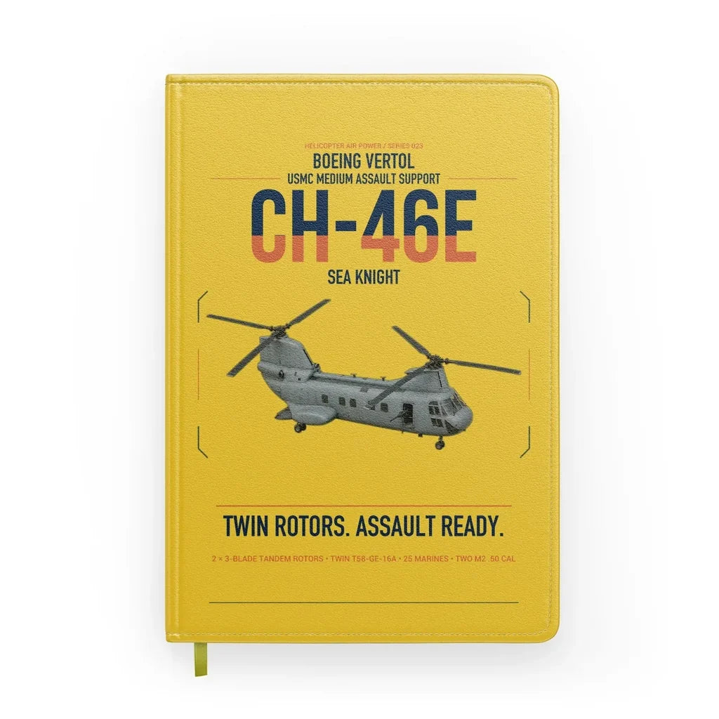 Boeing Vertol CH-46E Sea Knight design on yellow notebook