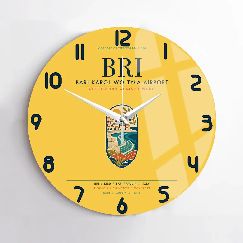 Bari Karol Wojtyła Airport (BRI) design on yellow no frame wall clock
