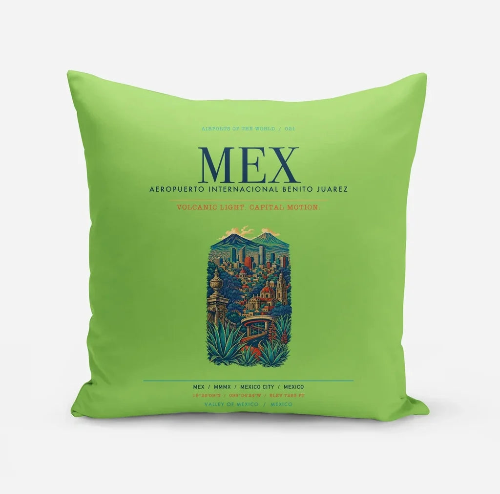 Mexico City Benito Juarez International Airport (MEX) design on light green pillow