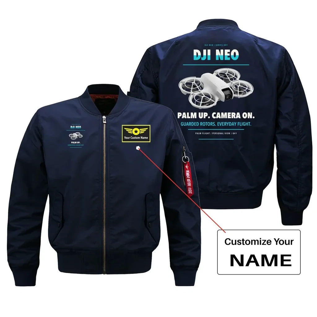DJI Neo design on blue bomber with custom name badge