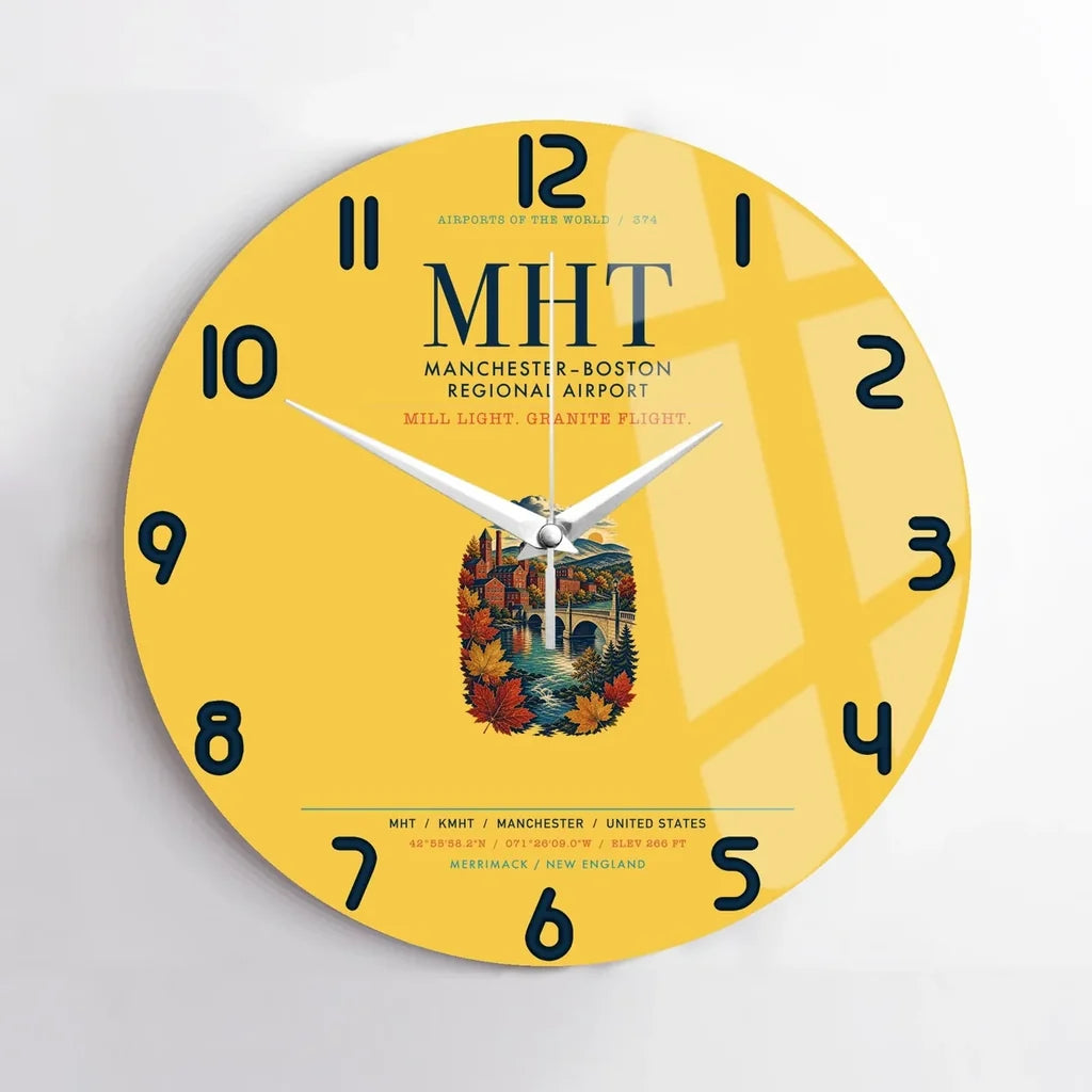 Manchester–Boston Regional Airport (MHT) design on yellow no frame wall clock