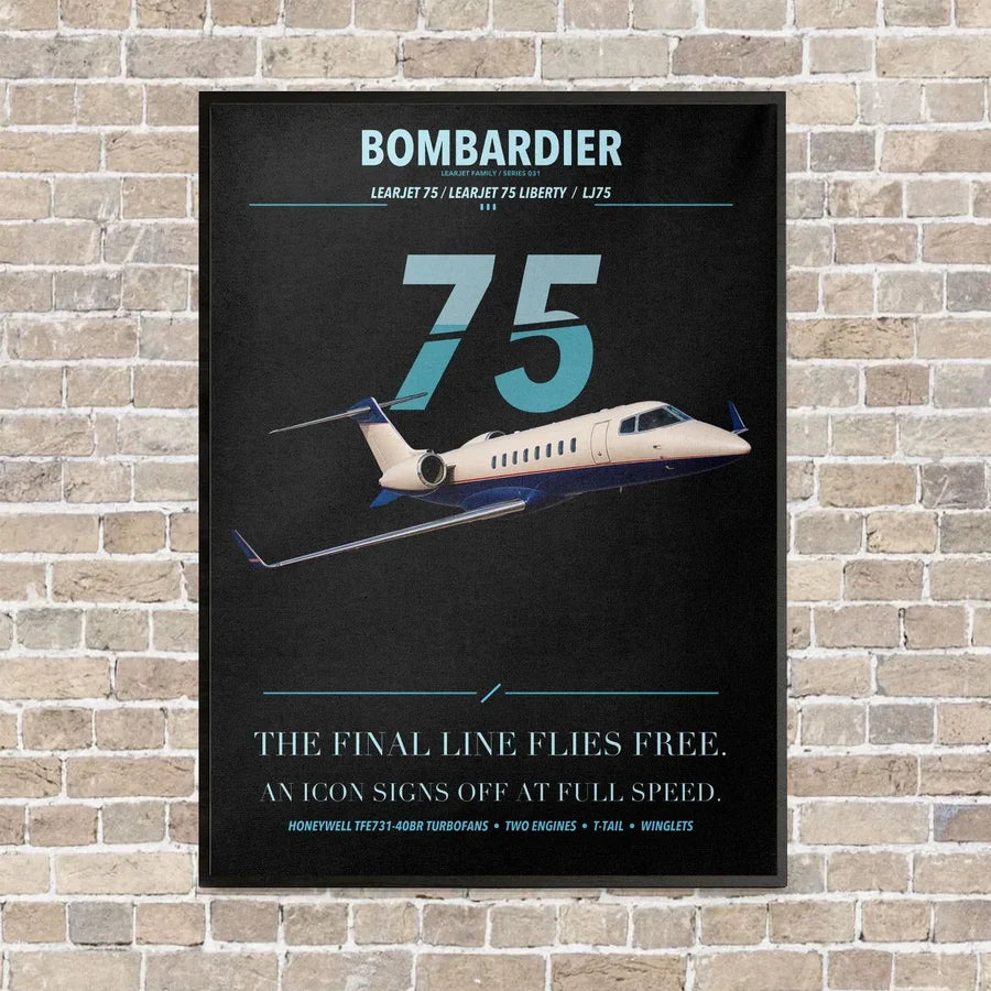 Bombardier Learjet 75 Liberty vertical canvas print - framed - black background