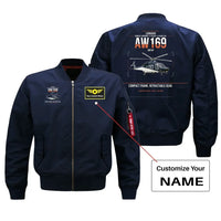 Thumbnail for Leonardo AW169 design on blue+name bomber jacket, double-side print
