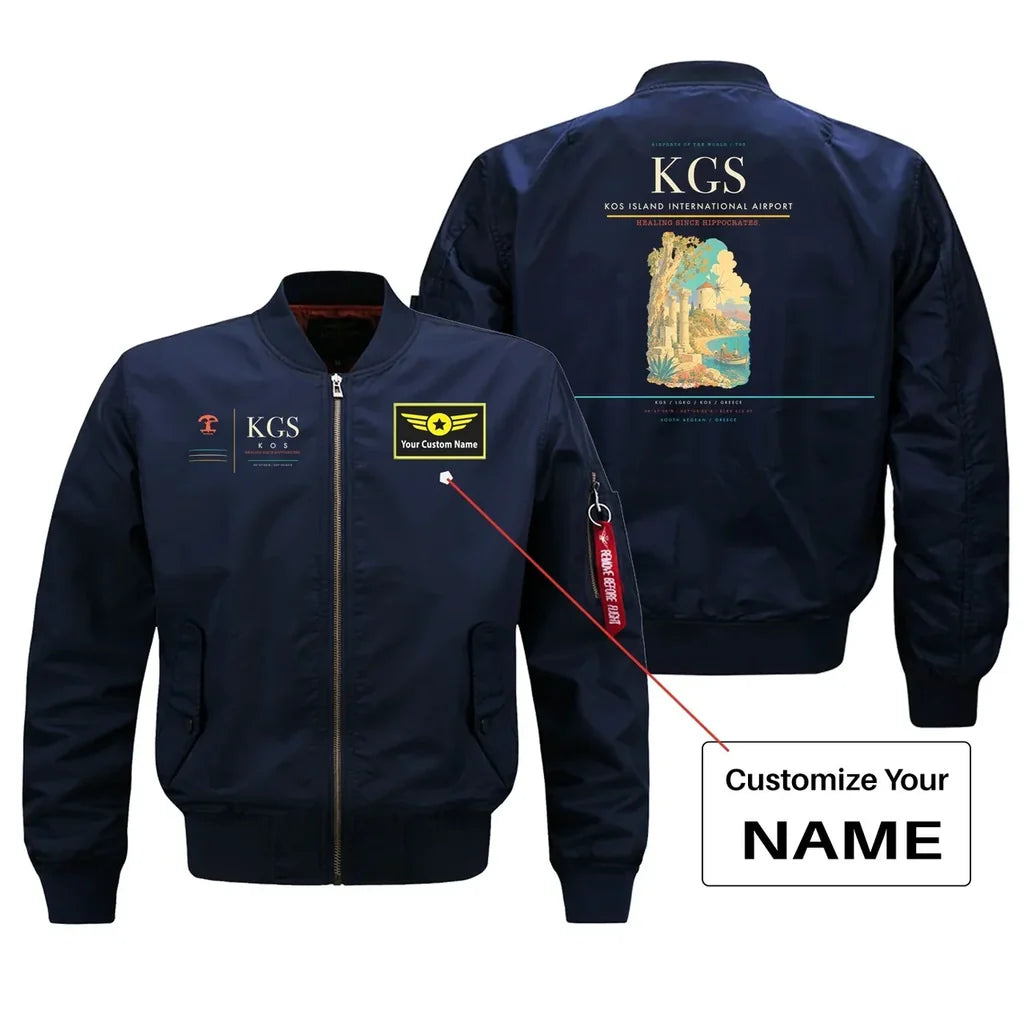 Kos Island International Airport (KGS) design on blue bomber jacket with custom name patch