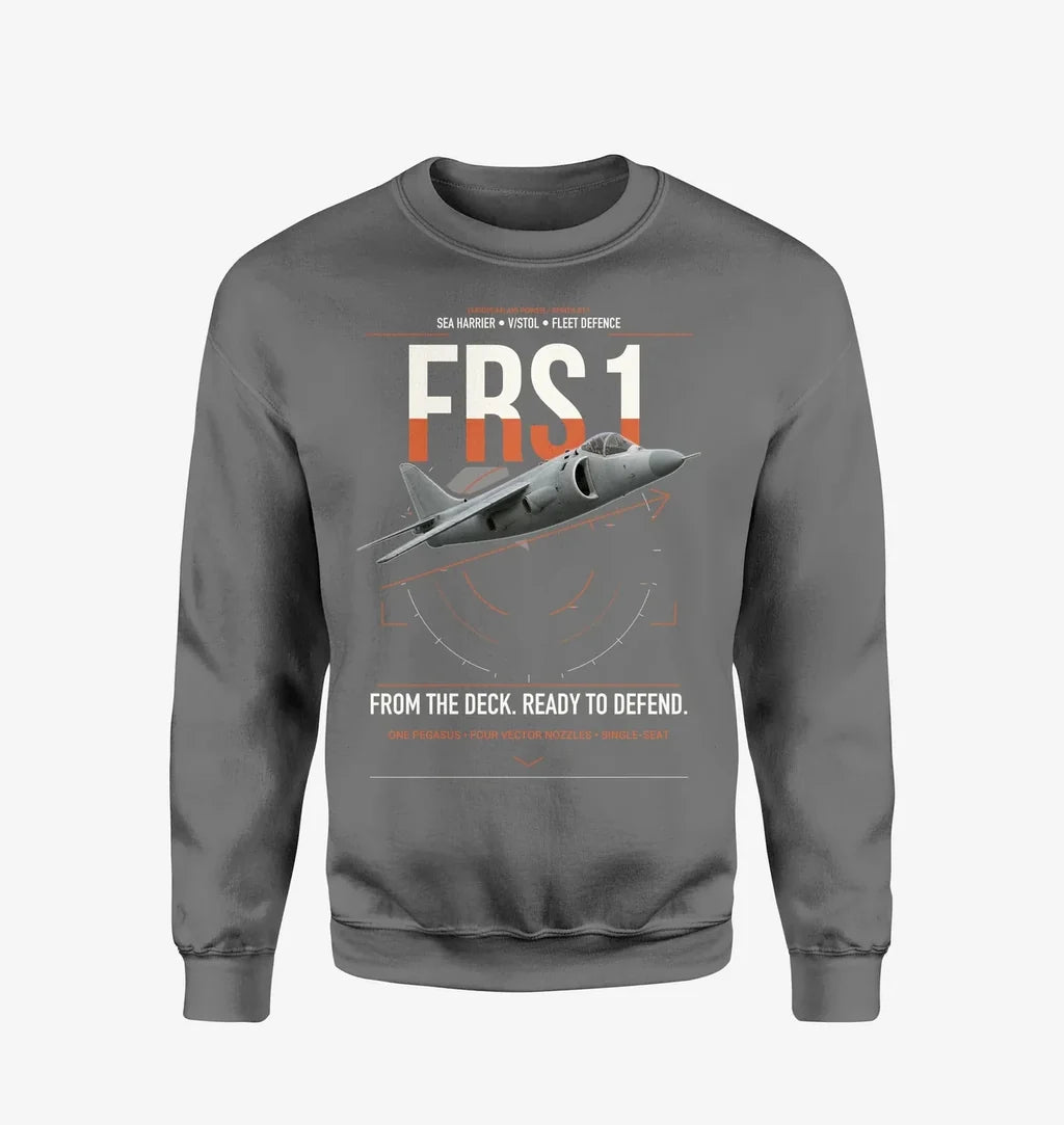 British Aerospace Sea Harrier FRS.1 design on gray sweatshirt