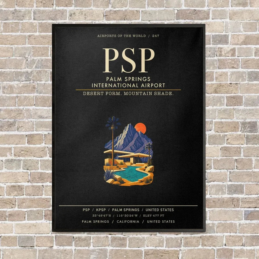 Palm Springs International Airport PSP vertical canvas print - framed - black background
