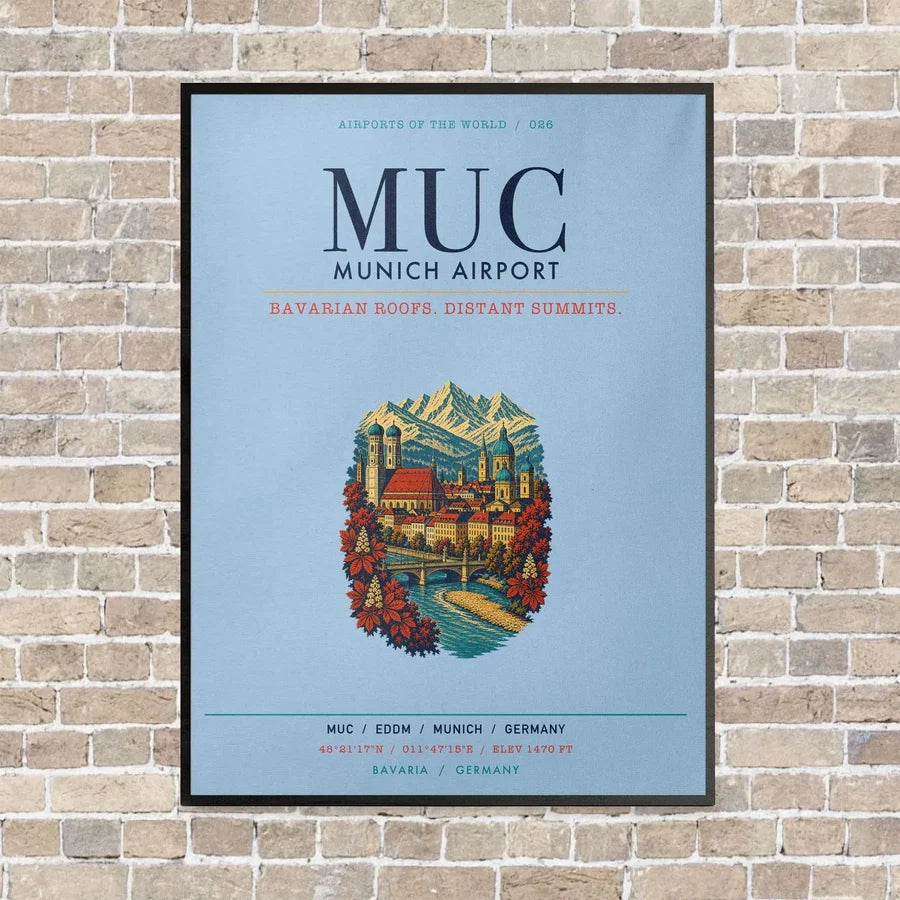 Munich Airport MUC vertical canvas print - framed - light blue background