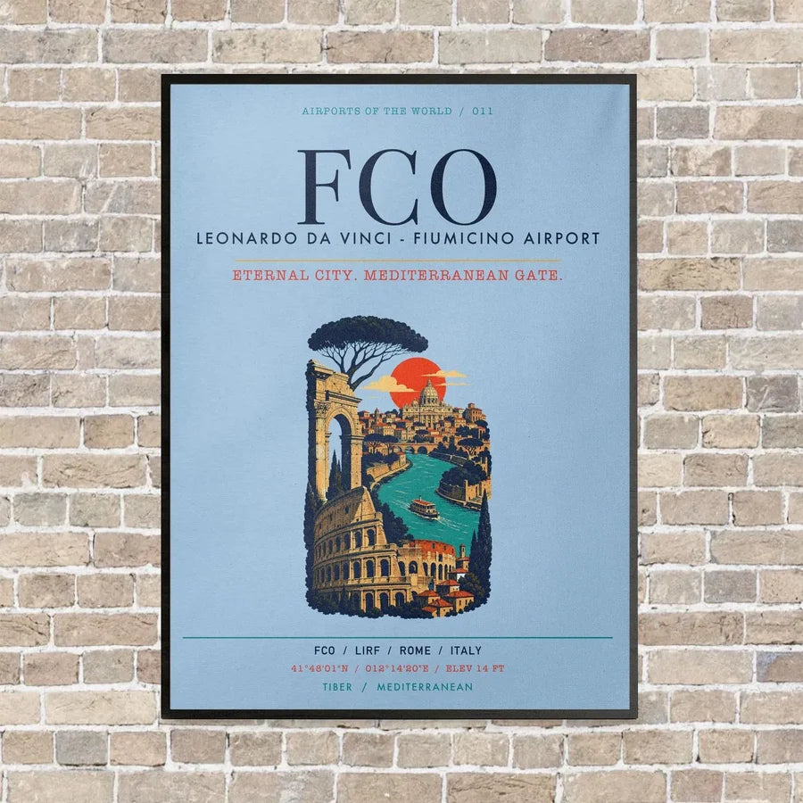 Rome Leonardo da Vinci Fiumicino Airport FCO vertical canvas print - framed - light blue background
