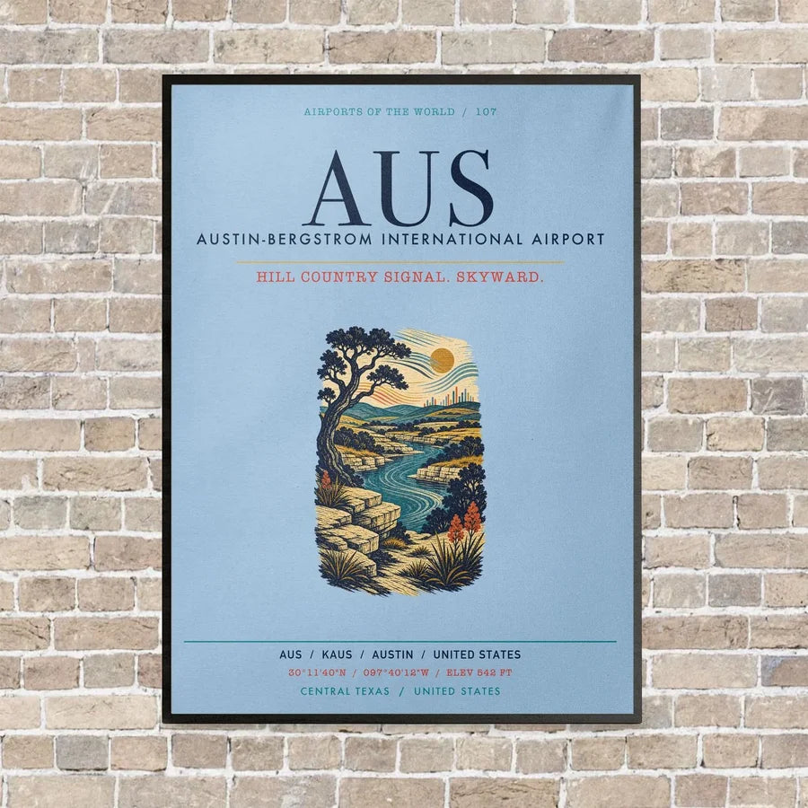 Austin-Bergstrom International Airport AUS vertical canvas print - framed - light blue background