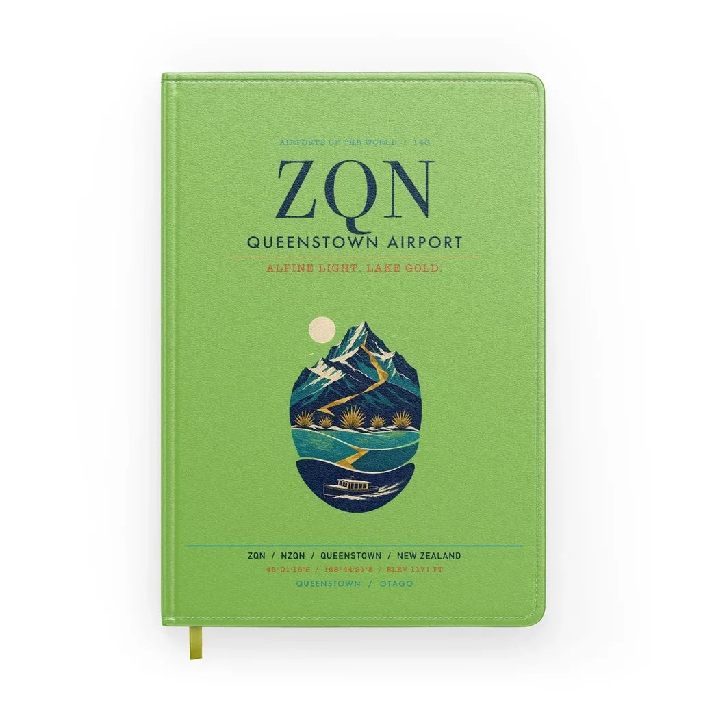 Queenstown Airport (ZQN) design on light green notebook