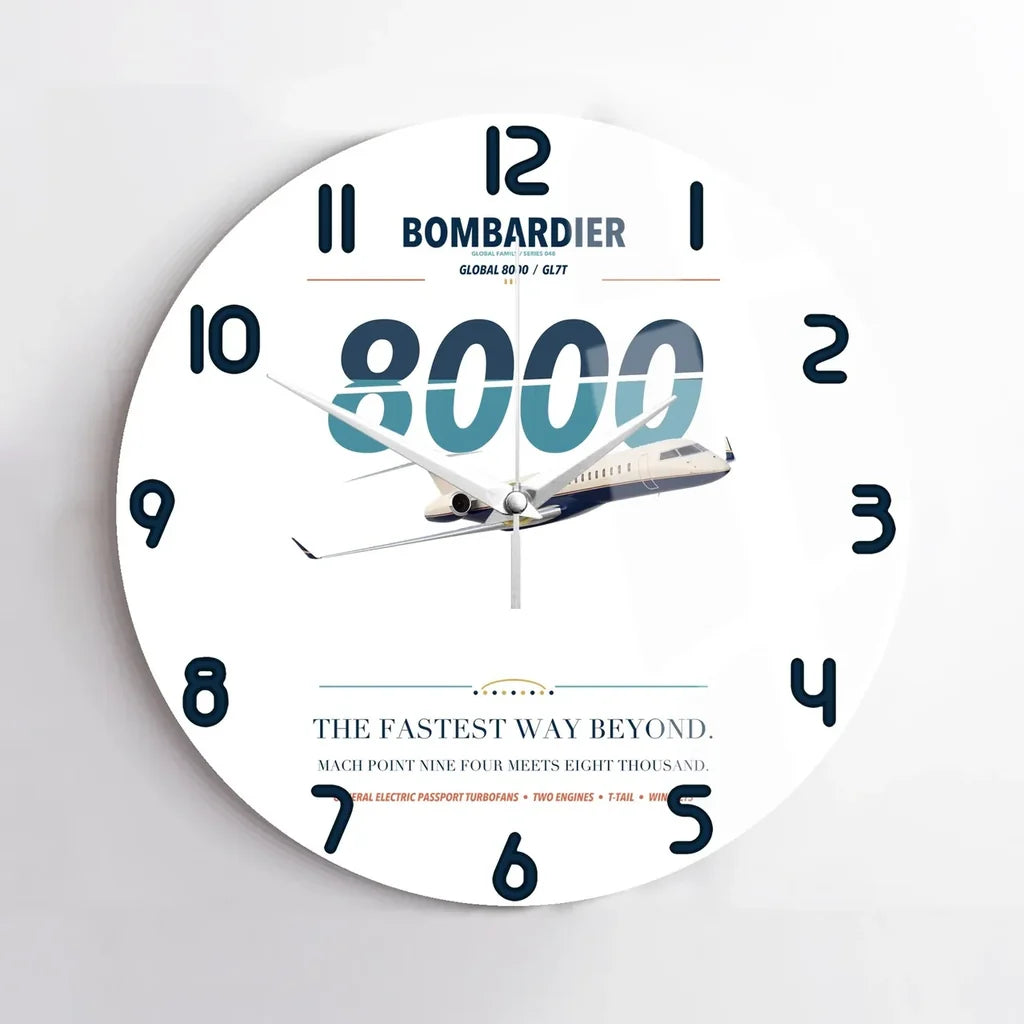 Bombardier Global 8000 design on white no frame wall clock