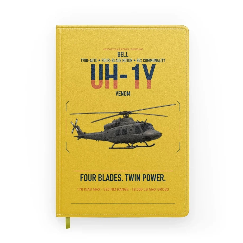 Bell UH-1Y Venom design on yellow notebook