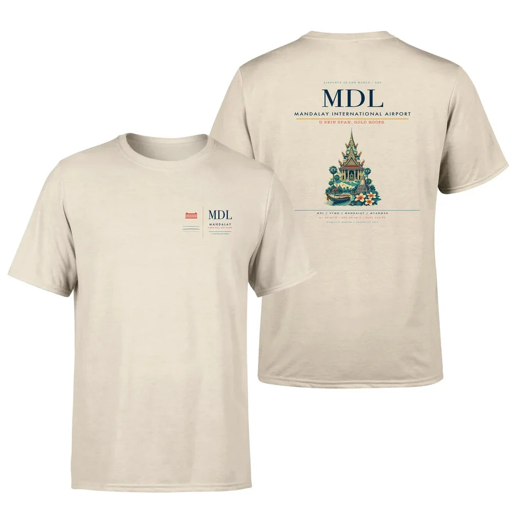 Mandalay International Airport (MDL) design printed on beige double-side t-shirt
