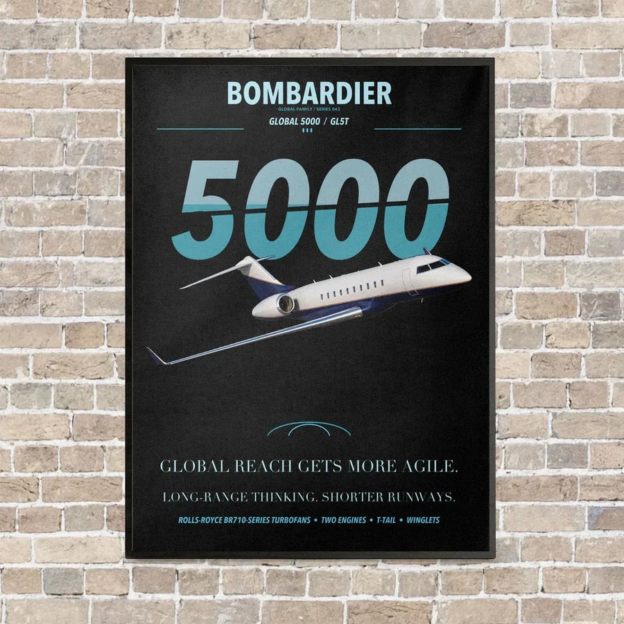 Bombardier Global 5000 vertical canvas print - framed - black background