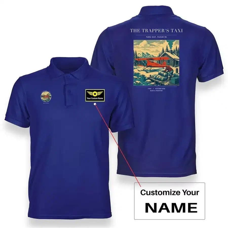 VINTAGE G4192 - The Trapper's Taxi - Double-Side Polo T-Shirt design on blue+name