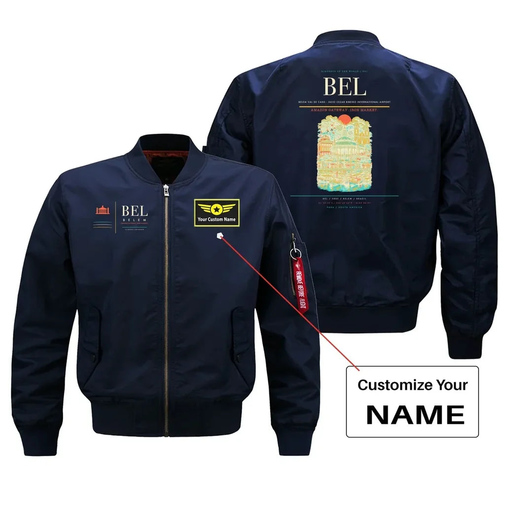 Belem Val de Cans (BEL) design on blue bomber jacket with custom name patch