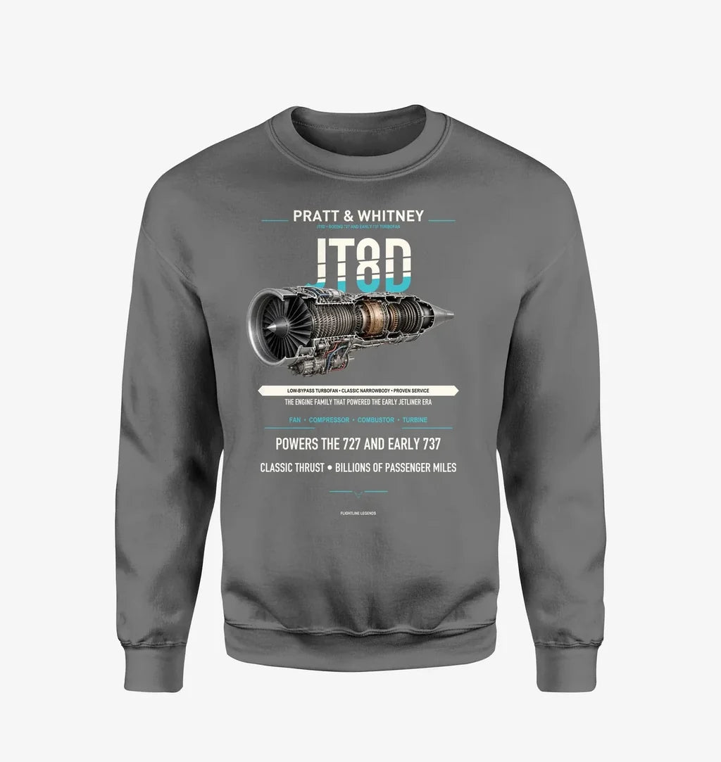 JT8D design on gray sweatshirt