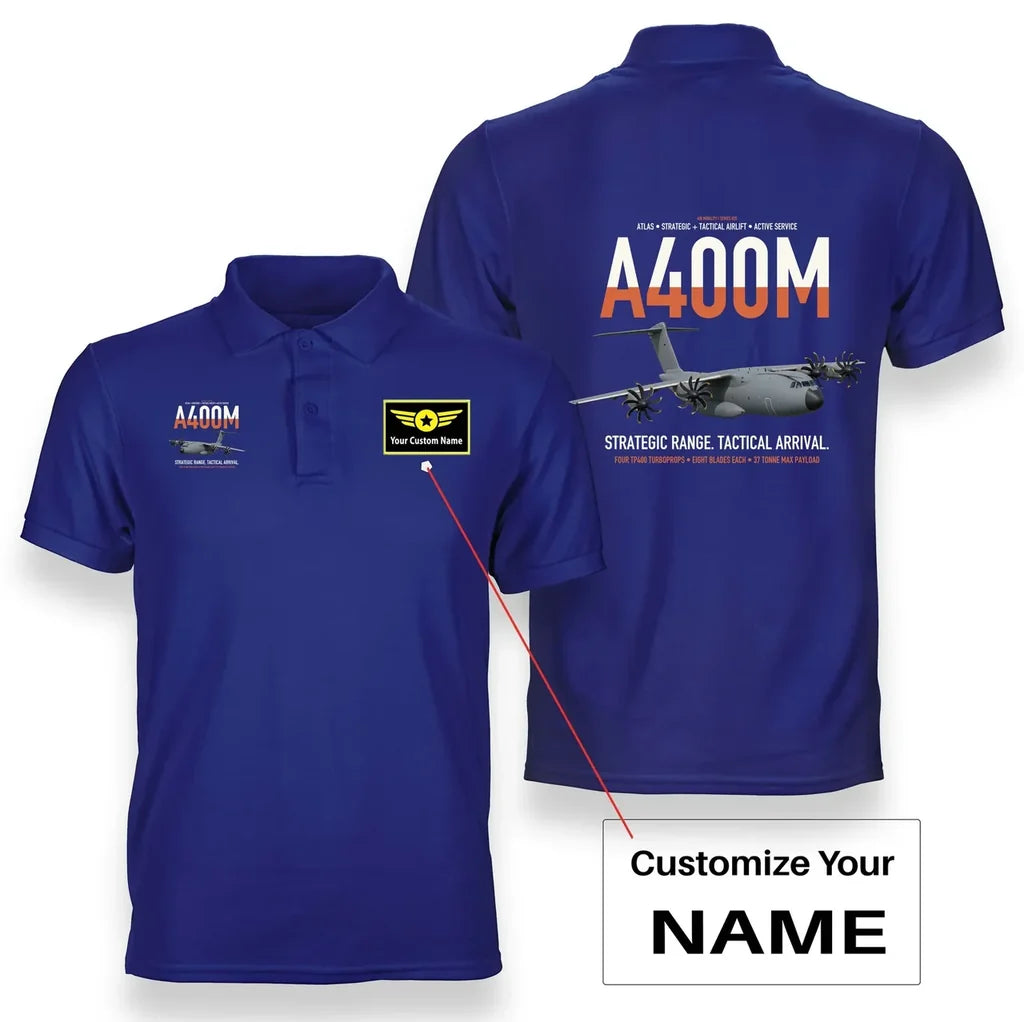 Airbus A400M Atlas design on blue+name double-side polo t-shirt, double-side print