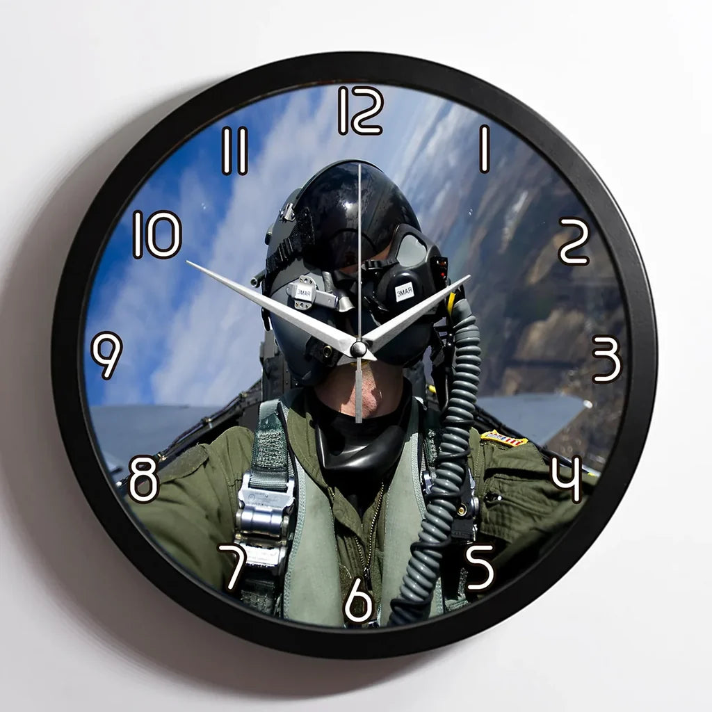 Amazing Military Pilot Selfie aviation design on premium wood and metal wall clock.
