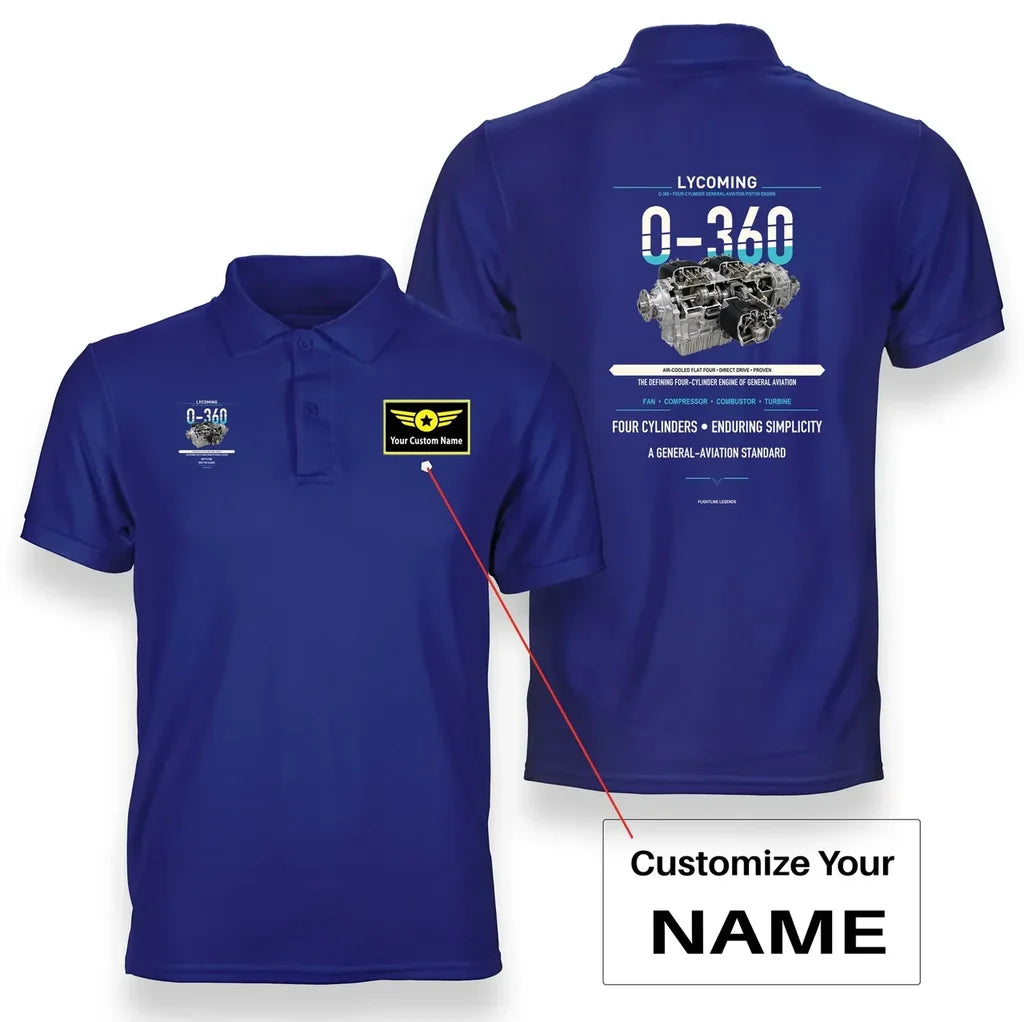 O-360 design on blue polo with custom name badge