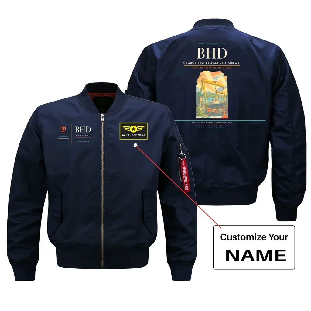 George Best Belfast City Airport (BHD) design on blue bomber jacket with custom name patch