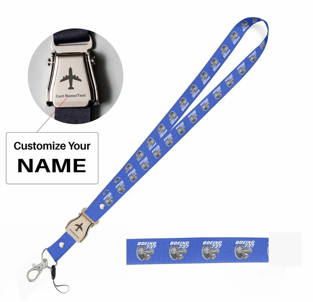Boeing 737+Text & CFM LEAP-1 Engine seat belt lanyard - blue with name