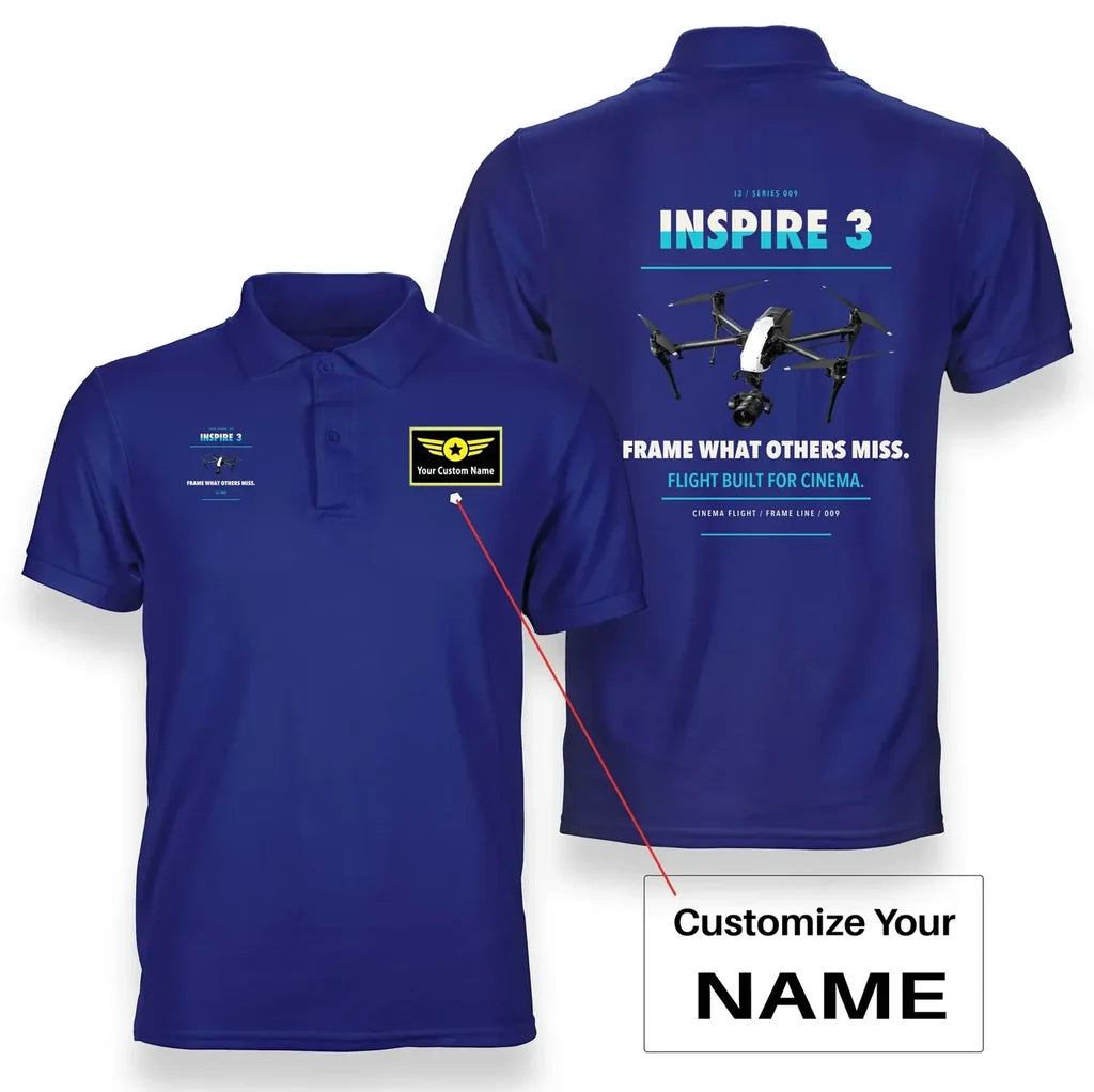 DJI Inspire 3 design on blue polo with custom name badge