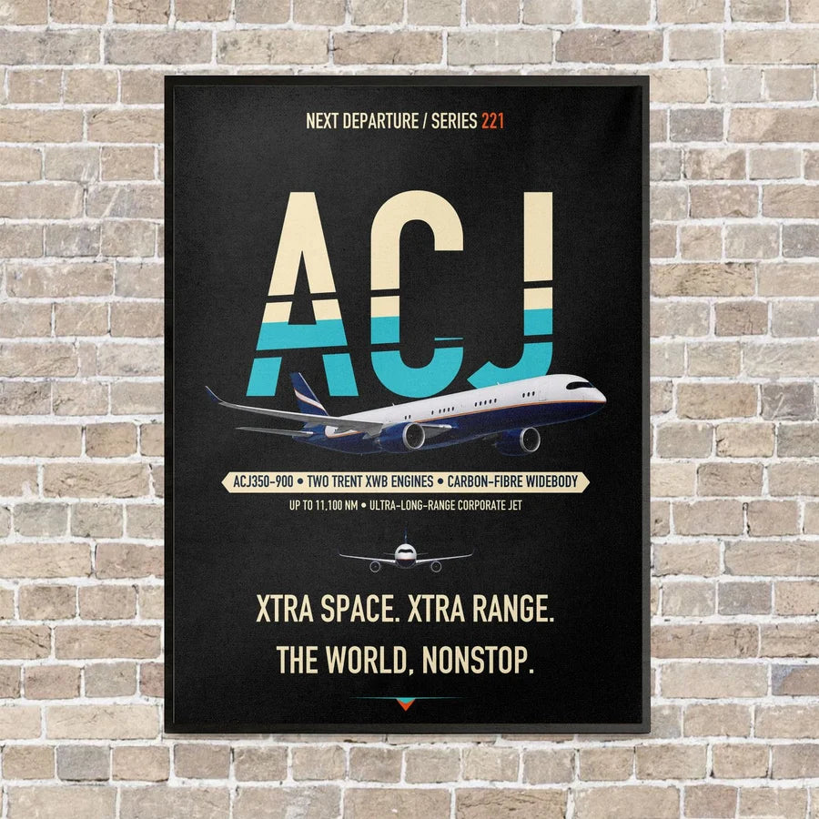 Airbus ACJ350 / exact ACJ350-900 vertical canvas print - framed - black background